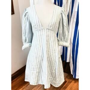 NWT - For Love & Lemons Leslie Blue Striped Puff Sleeve Mini Dress Size: S
